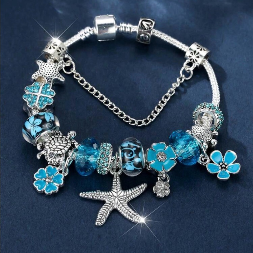 Sea star with Silver and Blue Charm Bracelet